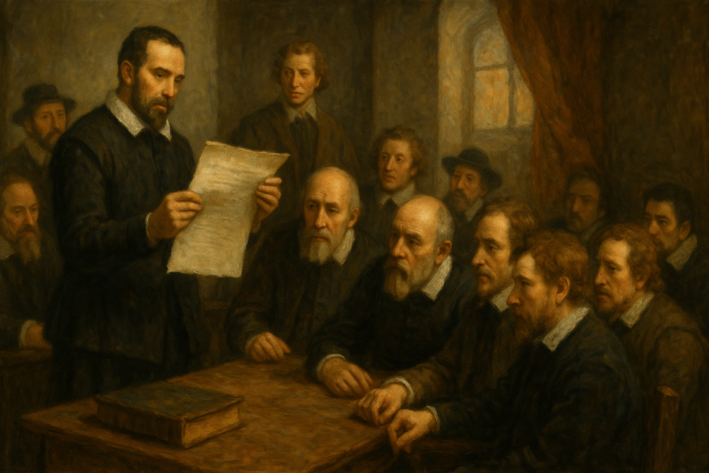 Pastores remonstrantes apresentando o documento com os cinco artigos.